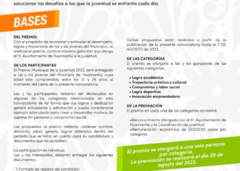 CONVOCA AYUNTAMIENTO DE HUAMANTLA AL PREMIO MUNICIPAL DE LA JUVENTUD 2023