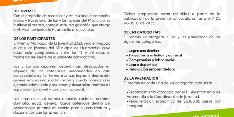 CONVOCA AYUNTAMIENTO DE HUAMANTLA AL PREMIO MUNICIPAL DE LA JUVENTUD 2023