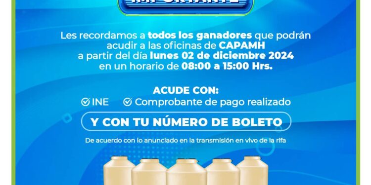 Invita la CAPAMH reclamar premio con numero ganador.