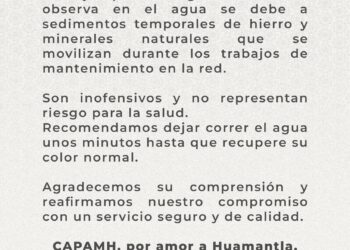 CAPAMH informa sobre coloración temporal en el agua durante trabajos de mantenimiento