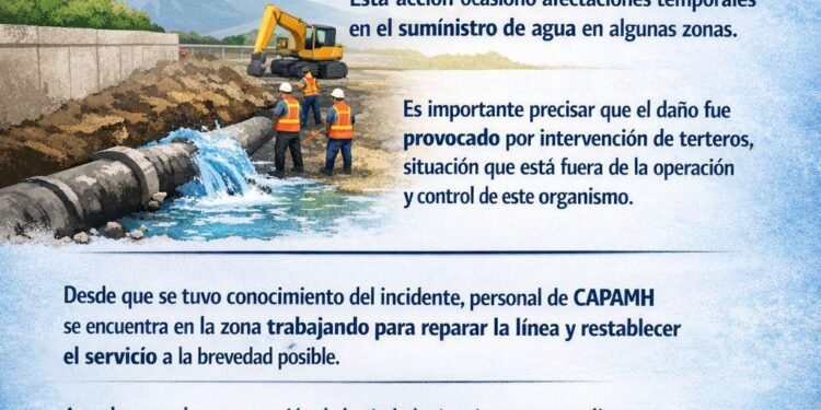 CAPAMH TRABAJA PARA RESTABLECER EL SERVICIO TRAS DAÑO EN LÍNEA DE CONDUCCIÓN DEL POZO BENITO JUÁREZ