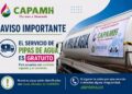 CAPAMH informa sobre servicio gratuito de pipas de agua.