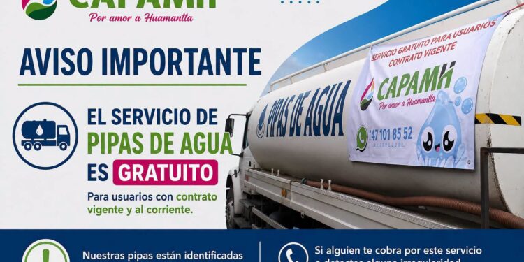CAPAMH informa sobre servicio gratuito de pipas de agua.